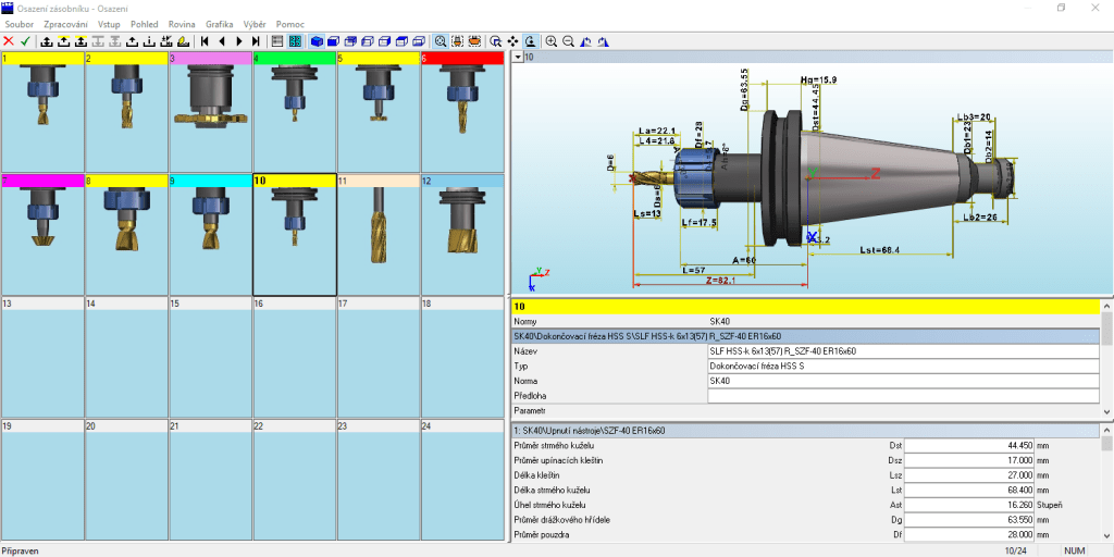 CNC simulátor TopMill Topturn - sazení zásobníku nástroji z katalogu